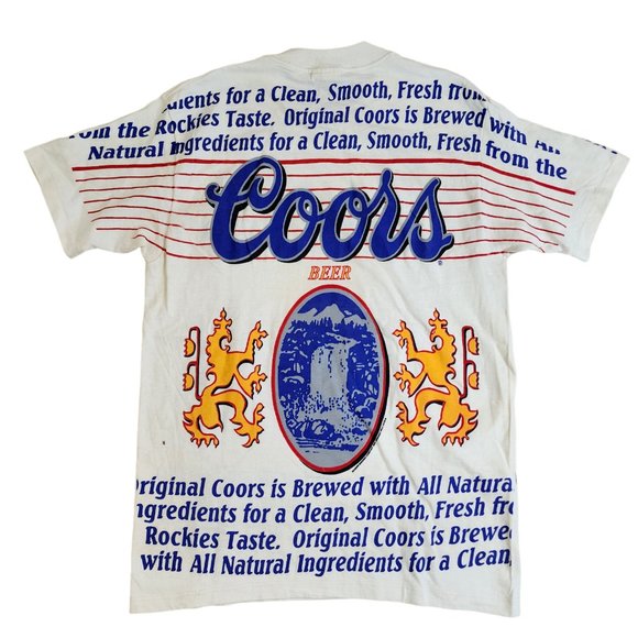 VINTAGE DS COORS T-SHIRT L FRONT AND BACK AOP - BEER LOGO SCRIPT - 1992 90'S - Picture 2 of 11